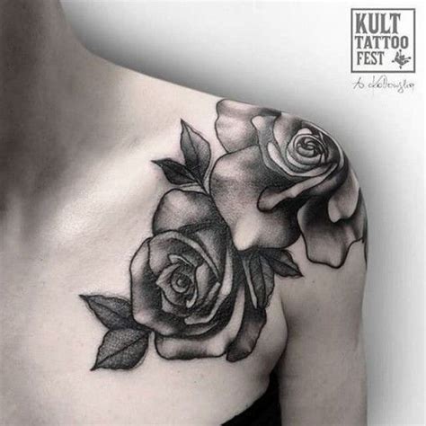 This shoulder tattoo is a great example of simple shoulder tattoo designs that are easy to do! Rose tattoos, Shoulder tattoo, Rose tattoos for women