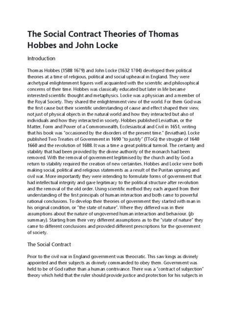 The Social Contract Theories Of Thomas Hobbes And John Locke Pdf