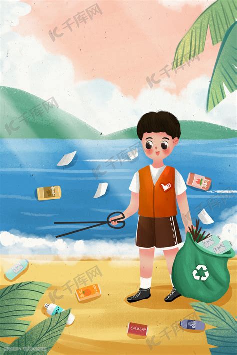 保护环境男孩志愿者捡垃圾zip插画图片 千库网
