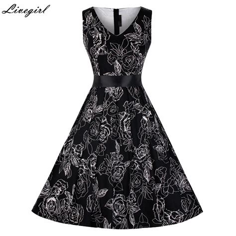 Women S Vintage Retro Foral Print Dress Rockabilly V Neck Sleeveless Dress Hepburn Casual Party