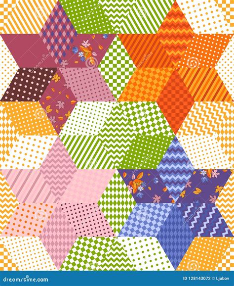 Bright Colorful Patchwork Pattern With Stars From Rhombuses Patches