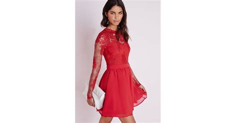 Missguided Premium Lace Long Sleeve Skater Dress Red Lyst Uk