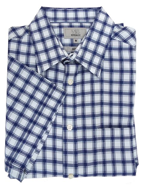Marks And Spencer Mand5 Blue Pure Cotton Checked Short Sleeve Regular