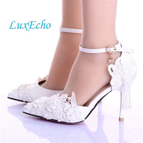 Summer New Women White Wedding Shoe Lace Flower Tassels Ankle Strap