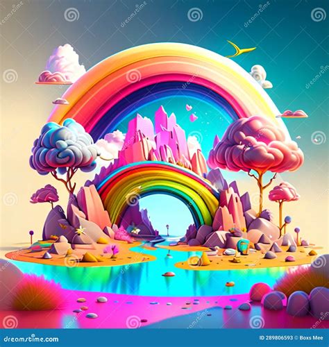 3d Illustration Of A Fantasy Landscape With A Rainbow Clouds And Trees