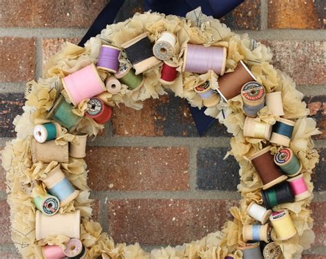 Vintage Sewing Notions Wreath Wooden Thread Spools And Old Etsy
