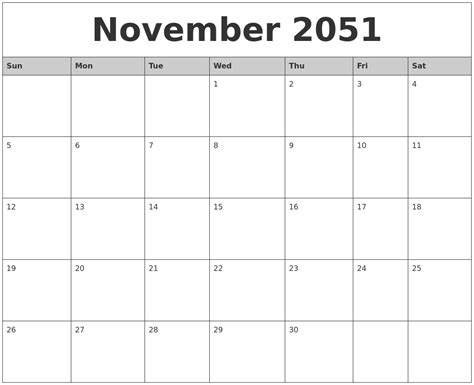 November 2051 Monthly Calendar Printable