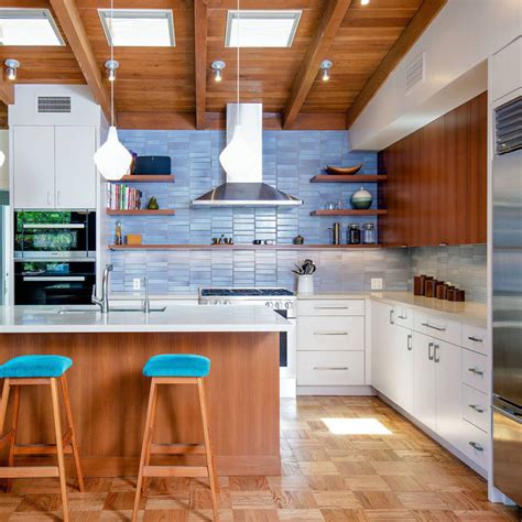 Modern White Cabinets Quartz Countertop Blue Subway Kitchen Backsplash
