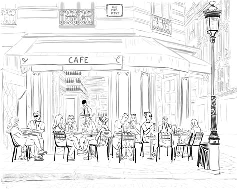 Paris Cafe Drawing People Eat In Saint Michel At A Cafe City Street