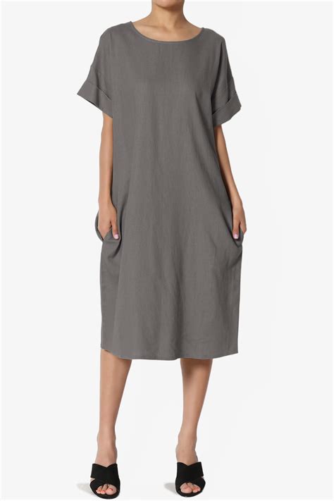 Themogan Drop Shoulder Short Sleeve Linen Pocket Oversized Shift Midi