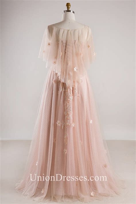 A Line Tulle Sleeve Blush Pink Lace Flower Bohemian Plus Size Wedding Dress