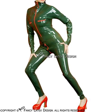 Promo Offer Green Sexy Military Latex Catsuit Front And Crotch