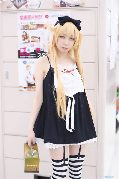 bakemonogatari black legwear blonde hair cosplay dress garter belt hairbow hinokio oshino