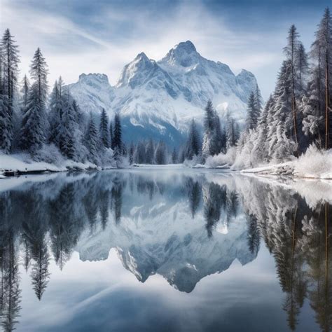Premium Ai Image Winter Wonderland Mountains Reflection In Lake