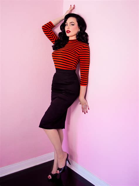 bad girl 3 4 sleeve top in orange and black stripes retro clothing vixen by micheline pitt