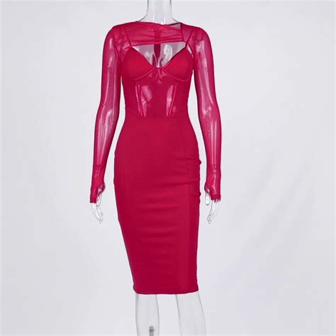 2022 Sexy Women See Through Long Sleeve Mesh Dress Hollow Out Padded