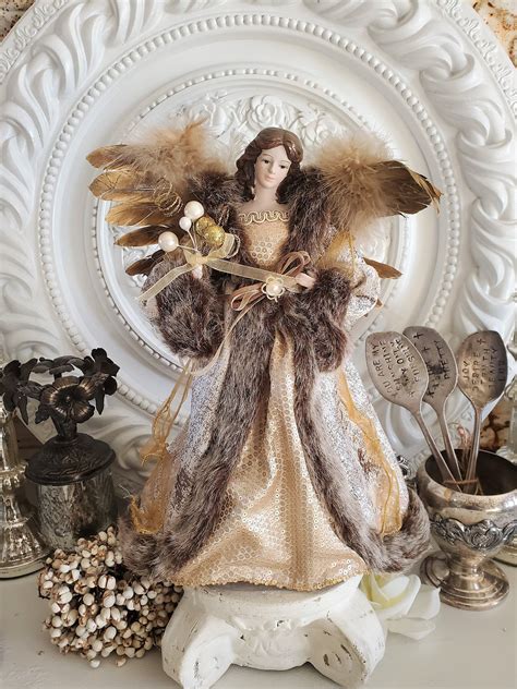 fabulous brunette angel figure angel tree topper vintage angel fur wings vintage christmas