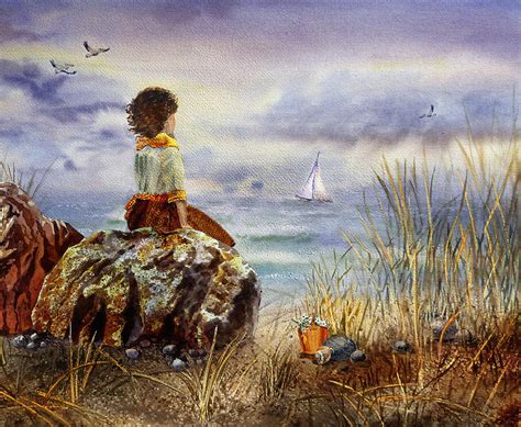Girl And The Ocean Sitting On The Rock Painting By Irina
