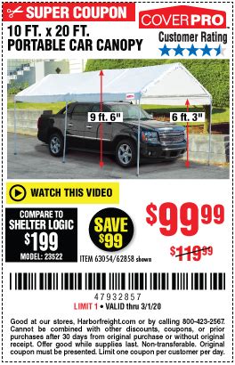Furthermore, they are highly portable. COVERPRO 10 Ft. X 20 Ft. Portable Car Canopy for $99.99 ...