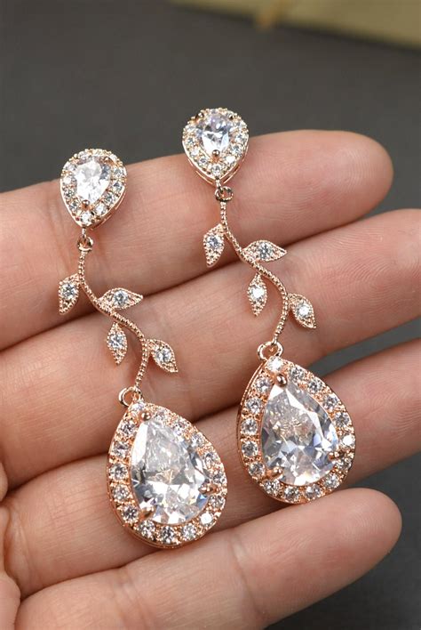 Rose Gold Crystal Bridal Earrings Wedding Jewelry Set Wedding
