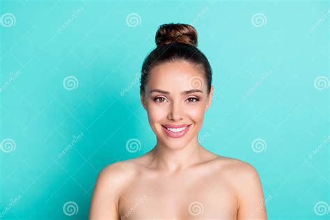 Photo Of Young Happy Cheerful Beautiful Woman With No Clothes Natural Beauty Isolated On Teal