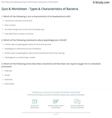 Quiz And Worksheet Types And Characteristics Of Bacteria