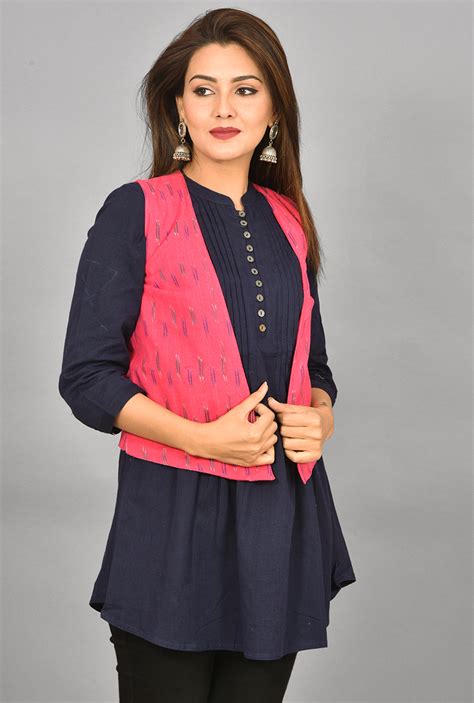 Buy Pink Black Ikat Cotton Koti Jacket For Best Price Reviews Free