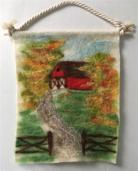 Red Barn And Fall Leaves 2d Needle Felting Wool Painting Etsy