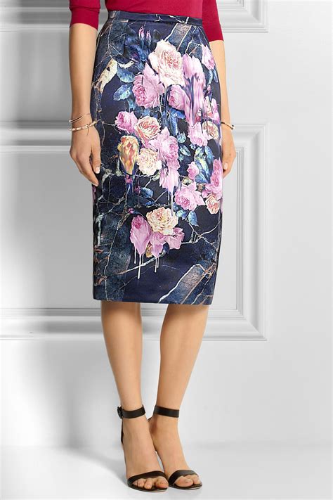Lyst Msgm Floral Print Satin Pencil Skirt In Blue