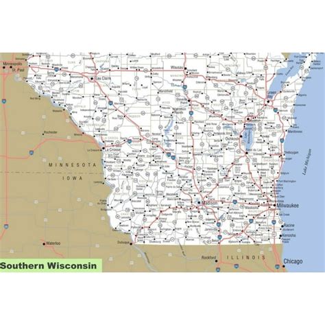 Southern Wisconsin State Road Map City Wi 20 Inch By 30 Inch Laminated