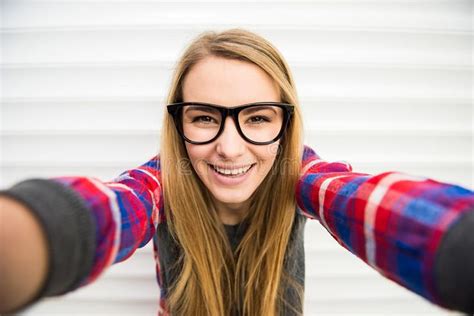 Selfie Close Up Of Trendy Girl Face In Sunglasses Is Making Selfie Photo Affiliate Trendy