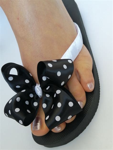 Black Flip Flops With Handmade Polka Dot Bow And White Strap Etsy