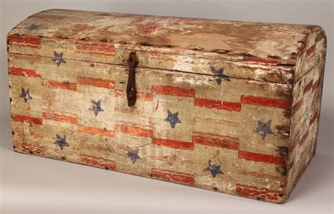 Patriotic Folk Art Decorated Trunk With Federal Eagle On Dome Trunk