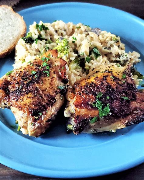 One Pan Chicken Thighs With Creamy Mushroom Rice Bacon And Vodka