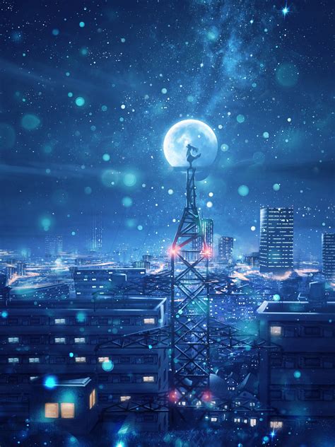 Download Night Sky City Stars Anime Scenery 4k Wallpaper By