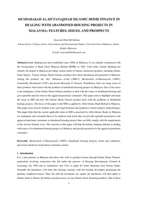 International review of business research papers, 2 critical perspective on musyarakah mutanaqisah home financing in malaysia: (PDF) MUSHARAKAH AL-MUTANAQISAH ISLAMIC HOME FINANCE IN ...