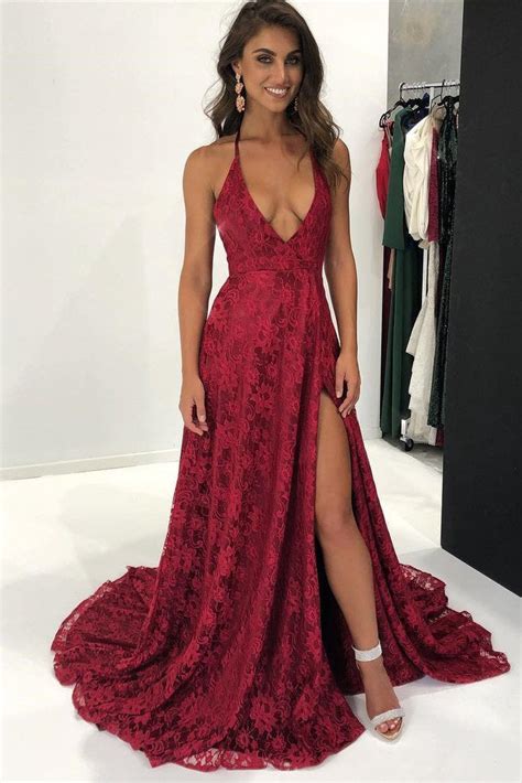 Sexy Lace Deep V Neck Side Slit A Line Long Backless Halter Burgundy Prom Dresses Uk On Sale