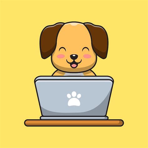 Lindo Perro Está Jugando En La Computadora Portátil Vector Premium