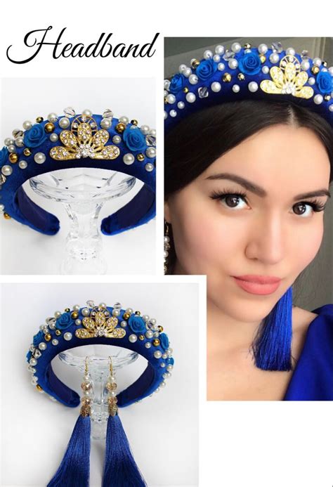 Bead Headband For Woman Blue Crystal Velvet Headband Baroque Beaded