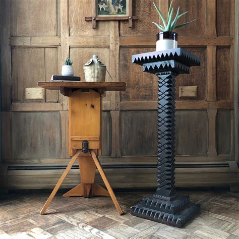 Antique Folk Art Fern Stand, Tramp Art Pedestal Table, Large Handmade ...