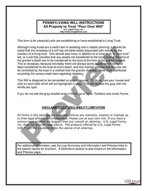Pennsylvania Legal Last Will And Testament Form With All Property To