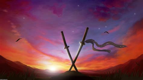 Two Katana Illustration Digital Art Sunset Sword Fantasy Art Hd