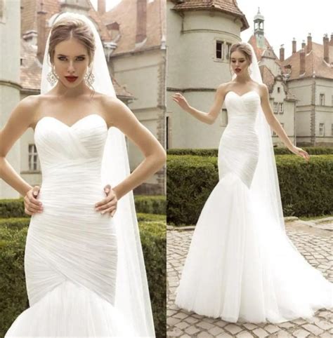 Latest Ruched Tulle Mermaid Wedding Dress Lace Up Whiteivory Marry