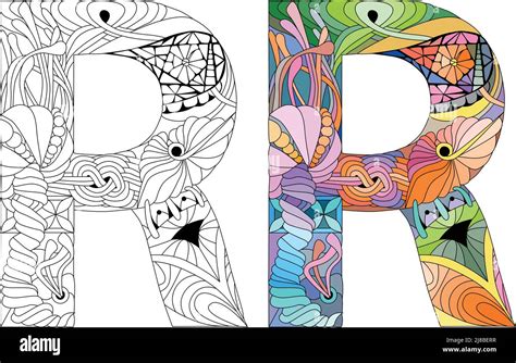 Zentangle Stylized Alphabet Letter R For Coloring Vector