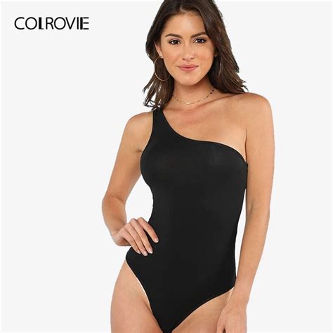 Colrovie One Shoulder Solid Skinny Bodysuit 2018 Summer Asymmetrical Neck Beach Women Clothing