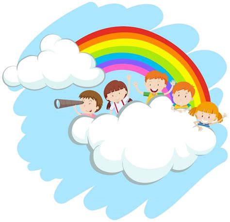 Free Vector Happy Children Over The Rainbow Illustration