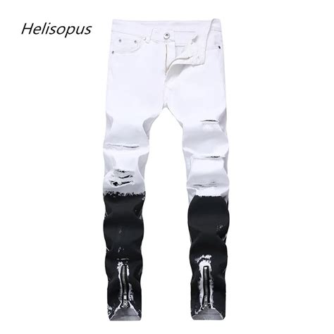 helisopus men jeans pants 2018 denim skinny washed holllow out elastic jeans men s double color
