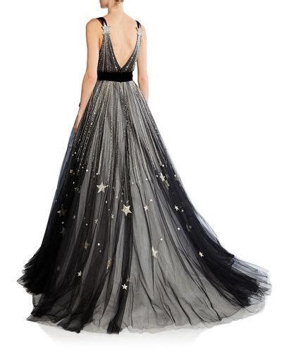 B4x6y Monique Lhuillier Star Embroidered V Neck Ball Gown Gowns Ball