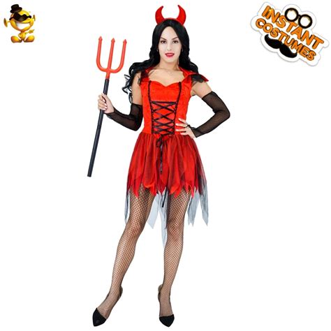 Women Red Devil Dress With Horn Halloween Party Cosplay Beautiful Devil