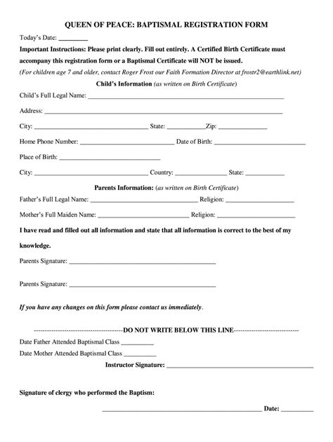 Fillable Online Queen Of Peace Baptismal Registration Form Fax Email